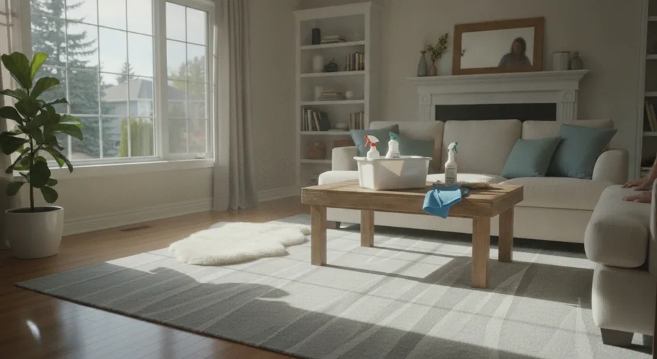 Cleaner wiping down a kitchen counter in a Kitchener home